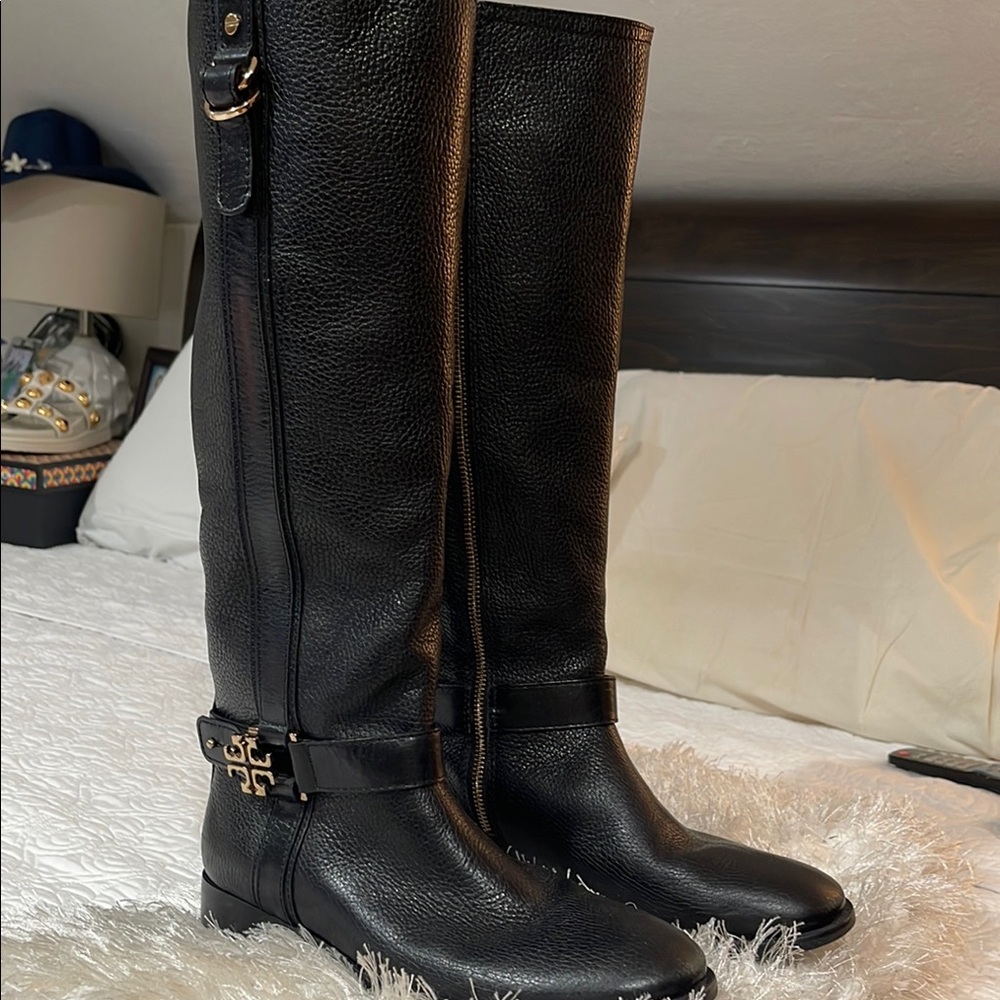 Tory Burch Black Over the Knee Boots with Equestrian Design